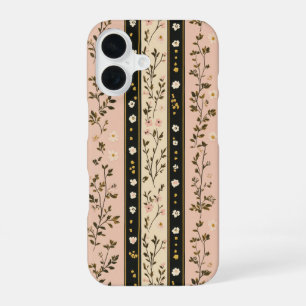 Monogram Initials Pink Beige Black Floral Stripes  iPhone 16 Case