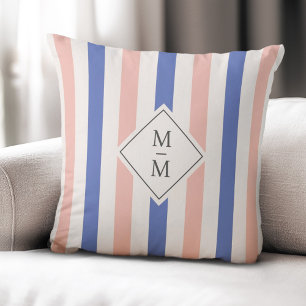Monogram initials pink blue stripes cushion