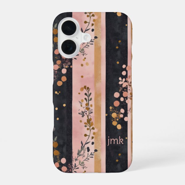 Monogram Initials Pink Gold Black Florals Stripes  iPhone 16 Case (Back)