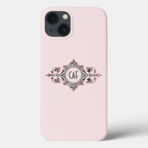 Monogram Initials Pink Grey Silver Flourish  iPhone 13 Case