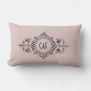 Monogram Initials Pink Grey Silver Flourish Ornate Lumbar Cushion
