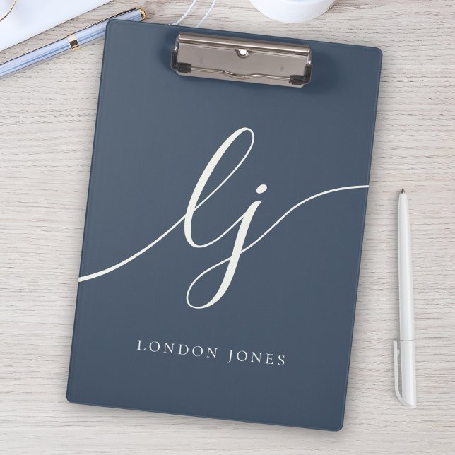 Monogram Initials Professional Script Navy Ivory Clipboard (Creator Uploaded)