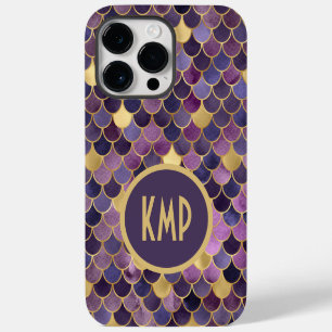 Monogram Initials Purple Gold Mermaid Scales iPhone 14 Pro Max Case