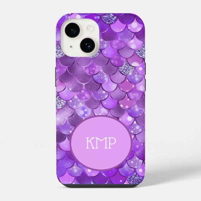 Monogram Initials Purple Silver Mermaid Scales iPhone Case (Back)