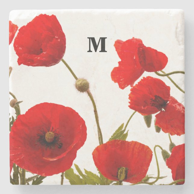 Monogram Initials Red Poppy Flowers Watercolor Stone Coaster (Front)