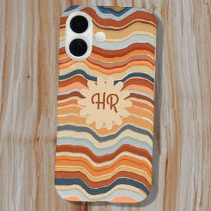 Monogram Initials Retro Stripes Waves Orange Blue iPhone 16 Case