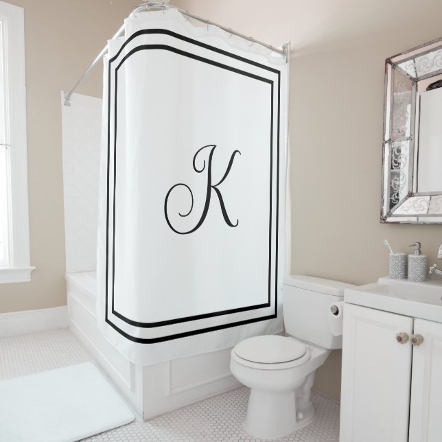 Monogram Initials Script Custom Name Black White Shower Curtain (In Situ)