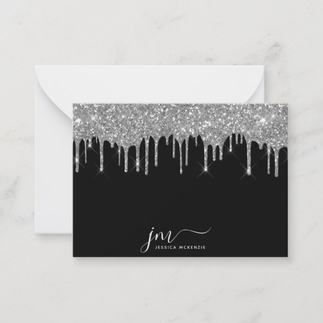 Monogram initials script Silver Glitter on black Card (Front)