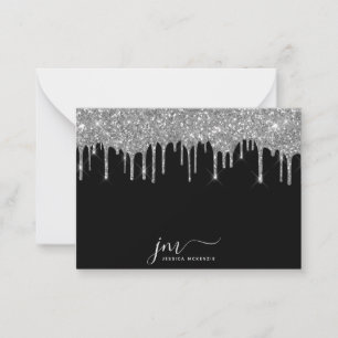 Monogram initials script Silver Glitter on black Card