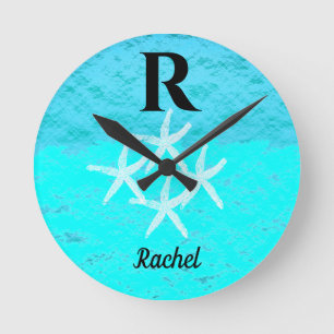 Monogram Initials Starfish Teal Turquoise Pastel Round Clock