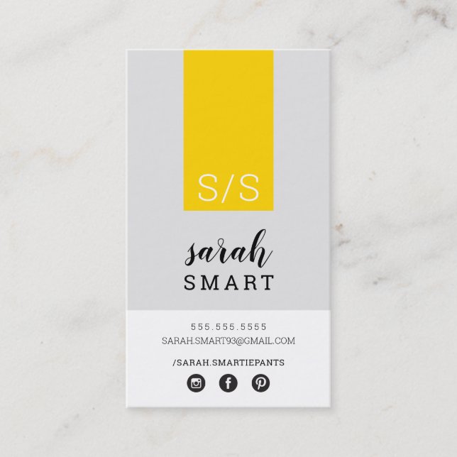 MONOGRAM INITIALS tab modern yellow black grey Business Card (Front)