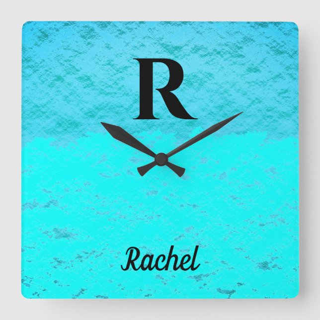 Monogram Initials Teal Blue Turquoise Pastel Ombre Square Wall Clock (Front)