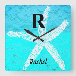 Monogram Initials Teal Turquoise Pastel Starfish Square Wall Clock
