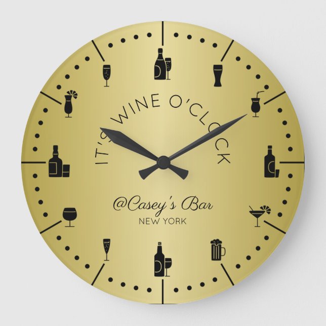 Monogram It’s Wine O’Clock Elegant Gold Black Large Clock (Front)