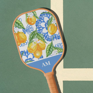 Monogram Italian Lemon Blue Tiles Pattern  Pickleball Paddle
