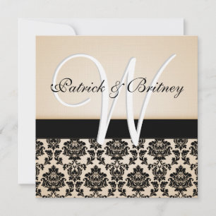 Monogram Ivory & Black Damask Wedding Invitations