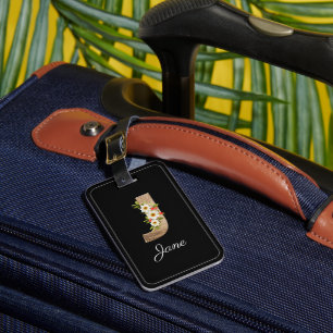 Monogram J black wood letter flower Luggage Tag