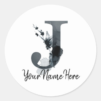 Monogram J Dark Herb Foliage Classic Round Sticker