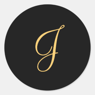 Monogram J, gold coloured initial J on black, Classic Round Sticker