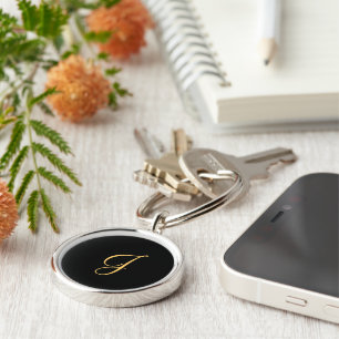 Monogram J, gold coloured initial J on black  Key Ring