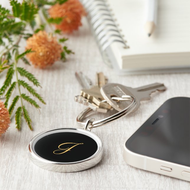 Monogram J, gold coloured initial J on black  Key Ring (Side)