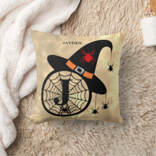 Monogram J Halloween Sky Witch Spiders Name Cushion