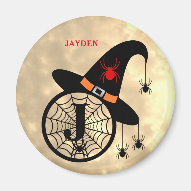 Monogram J Halloween Sky Witch Spiders Name Magnet (Front)