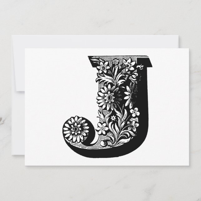 Monogram J Initial Black and White Floral Note  Holiday Card (Front)