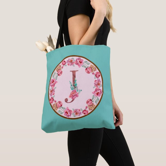 Monogram J Letter with Peony Flower Image Tote Bag (Close Up)
