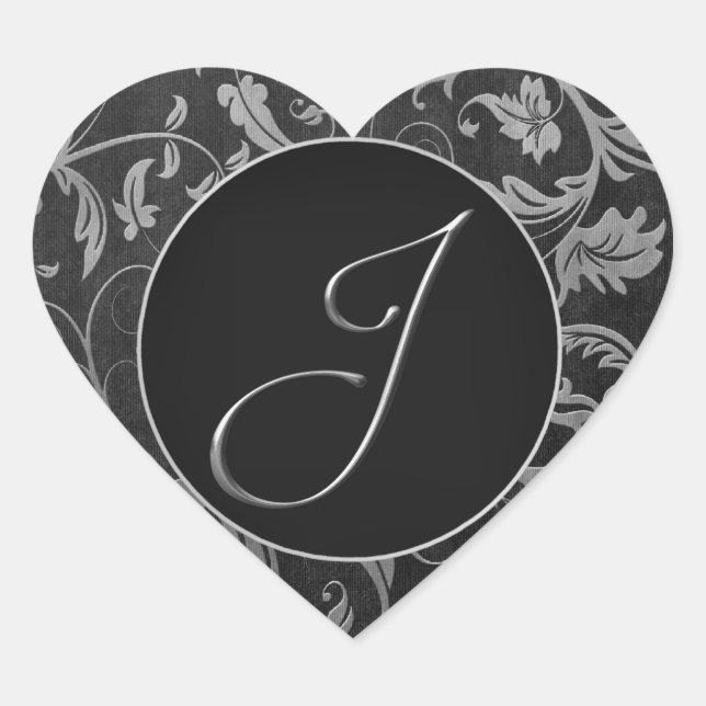 Monogram J Silver and Black Damask Wedding Seal (Front)