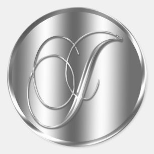 Monogram J Silver Colour Wedding Invitation Holida Classic Round Sticker