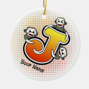 Monogram J Sock Monkey  Ceramic Ornament