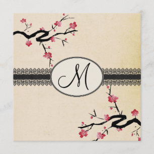 monogram japanese cherry blossom wedding invitation