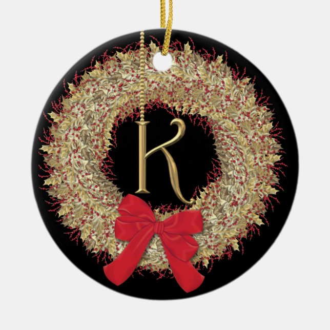 Monogram K Christmas Wreath Snowflakes Ceramic Tree Decoration (Front)