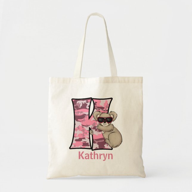 Monogram K for Girls Pink Koala Bear Tote Bag (Front)