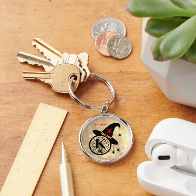 Monogram K Halloween Sky Witch Spiders Name Key Ring (Desk)