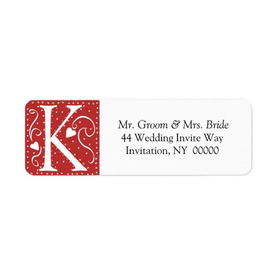Monogram K Hearts Red White Wedding Colours Return Return Address Label