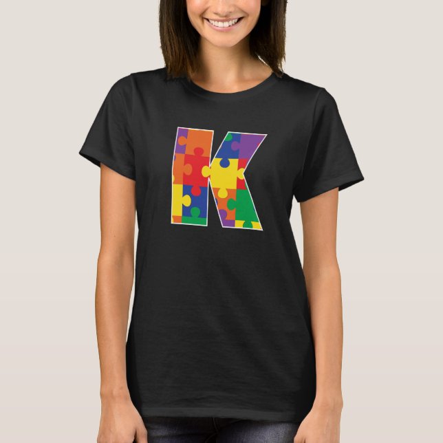 Monogram K in Multi Colour Puzzle Pieces T-Shirt (Front)