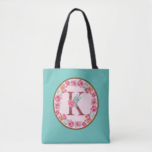 Monogram K Letter with Peony Flower Image Tote Bag