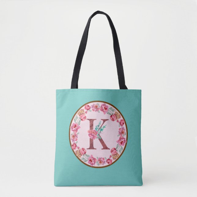 Monogram K Letter with Peony Flower Image Tote Bag (Front)