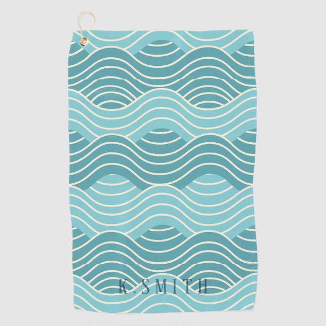 Monogram Kawaii Cute Blue Water Wave Pattern Golf Towel (Front)