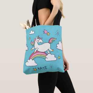 Monogram. Kawaii Cute Doodle Rainbow Unicorn Tote Bag