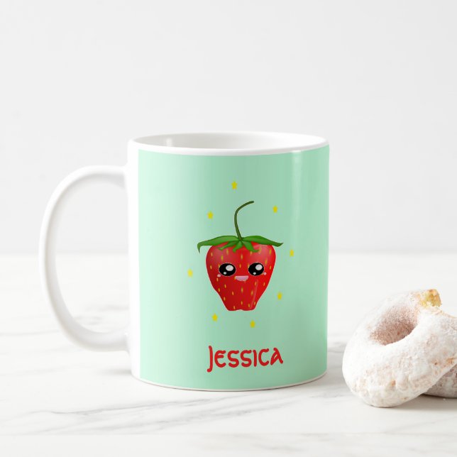 Monogram kawaii strawberry fruit on turquoise coffee mug (With Donut)
