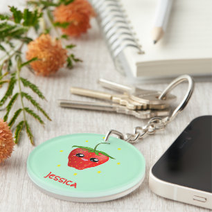 Monogram kawaii strawberry fruit on turquoise key ring