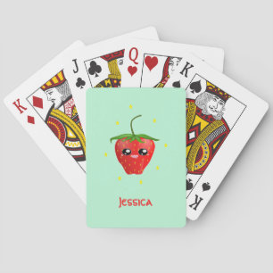 Monogram kawaii strawberry fruit on turquoise playing cards