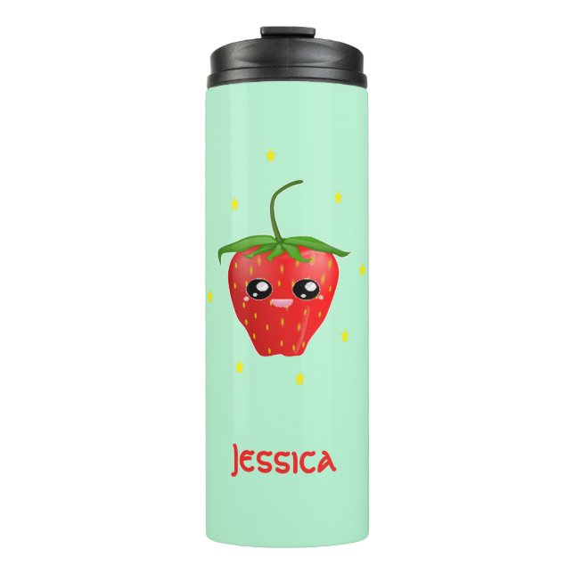 Monogram kawaii strawberry fruit on turquoise thermal tumbler (Front)