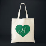 Monogram Kelly Green Heart Tote Bag<br><div class="desc">This tote bag features a kelly green heart with a white monogram initial at its centre. Personalise by re-sizing/repositioning green heart and/or personalising text/monogram. Great bridesmaid gift.</div>