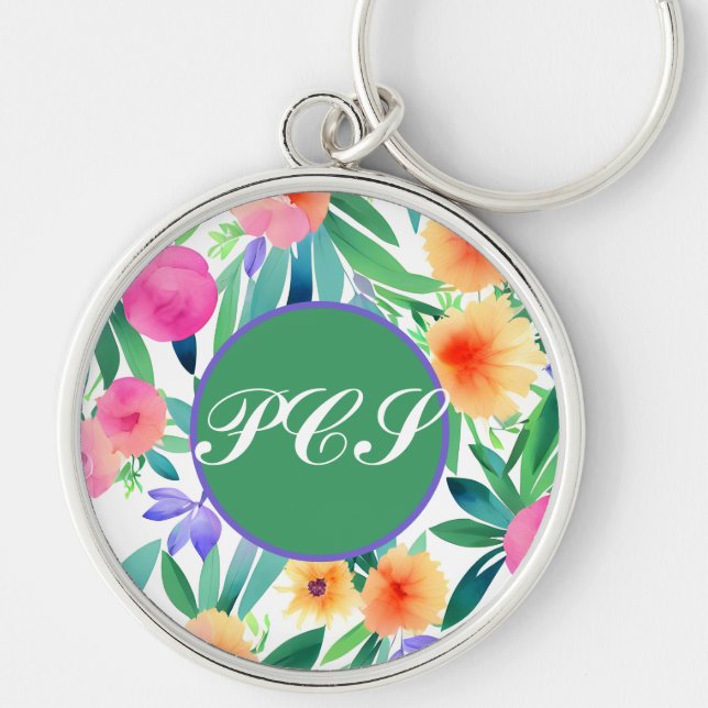 Monogram Keychain Bright Spring Flowers  (Front)