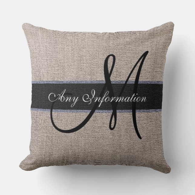 Monogram Khaki Burlap Rustic Jute Cushion (Front)