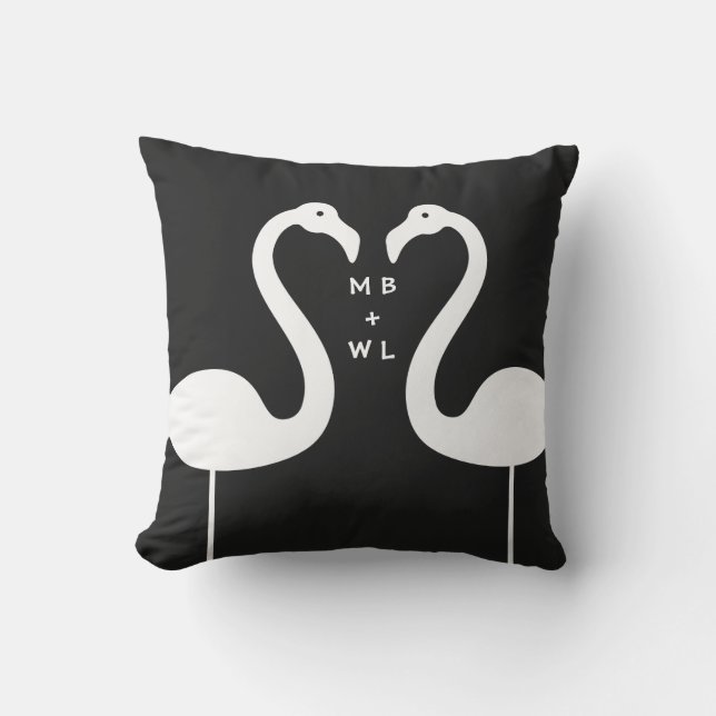Monogram Kissing Flamingos Black Outdoor Pillow (Front)